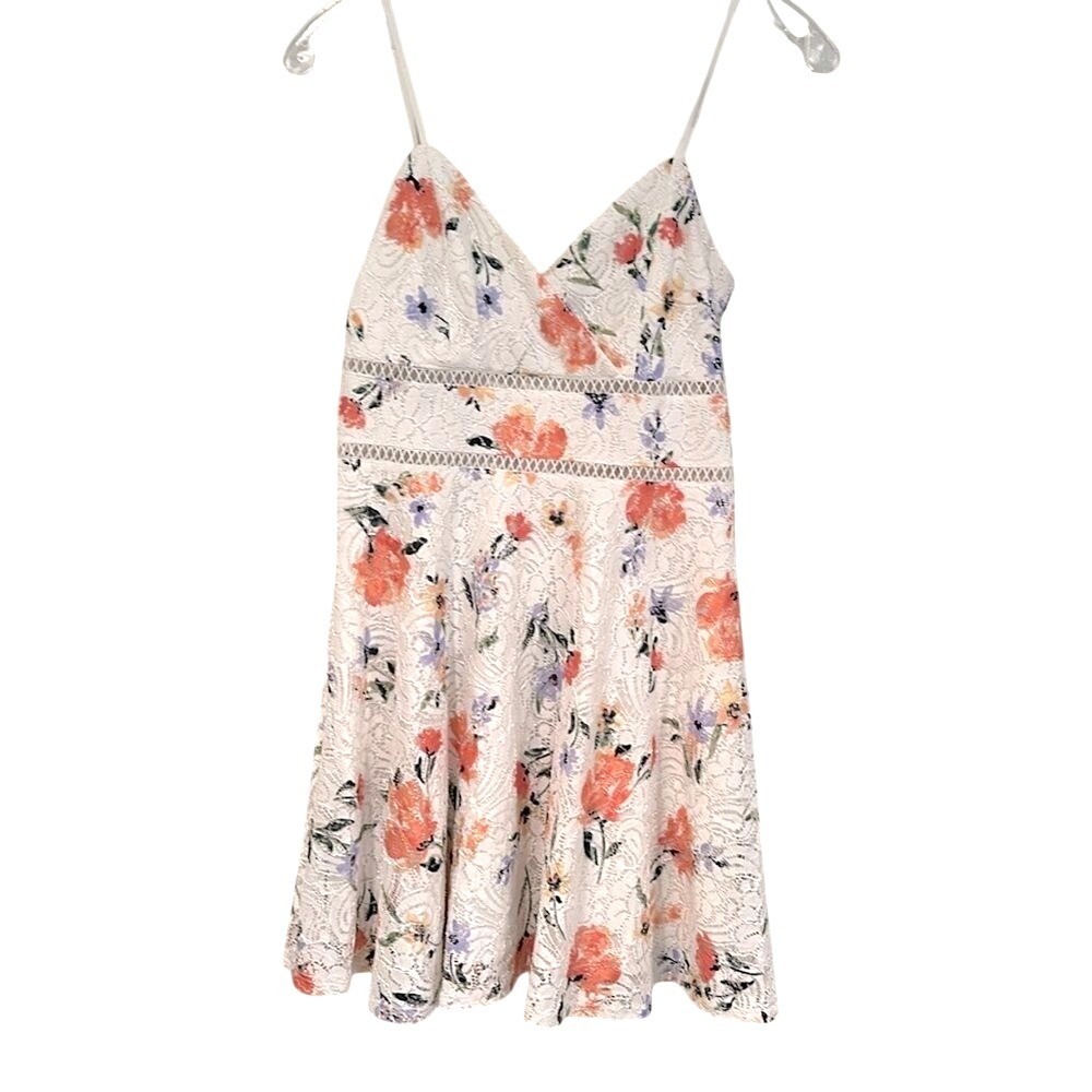 Trixxi Floral Lace Mini Dress Women Small White Fit Flare Boho Romantic Dainty